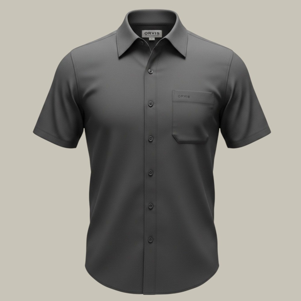 Orvis Button Down Shirt Mens L Charcoal Grey Short Sleeve Polyester Utility Tech